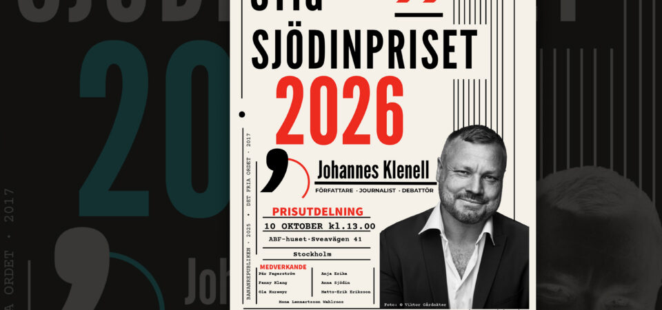 Affisch för Stig Sjödinpriset 2026 där årets pristagare Johannes Klenell presenteras. Prisutdelningen sker den 10 oktober kl. 13.00 i ABF-huset i Stockholm.